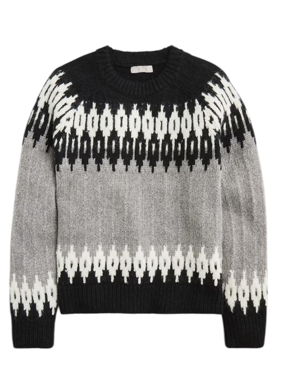 J. Crew Fair Isle Crewneck Sweater M Black Gray Alpaca Wool Chunky Relaxed